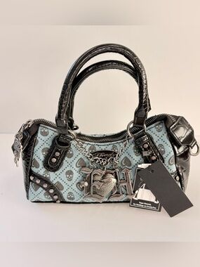 NWT Ed Hardy Blue Monogram Skull Satchel Bag Studded Chain Charm Shoulder Purse